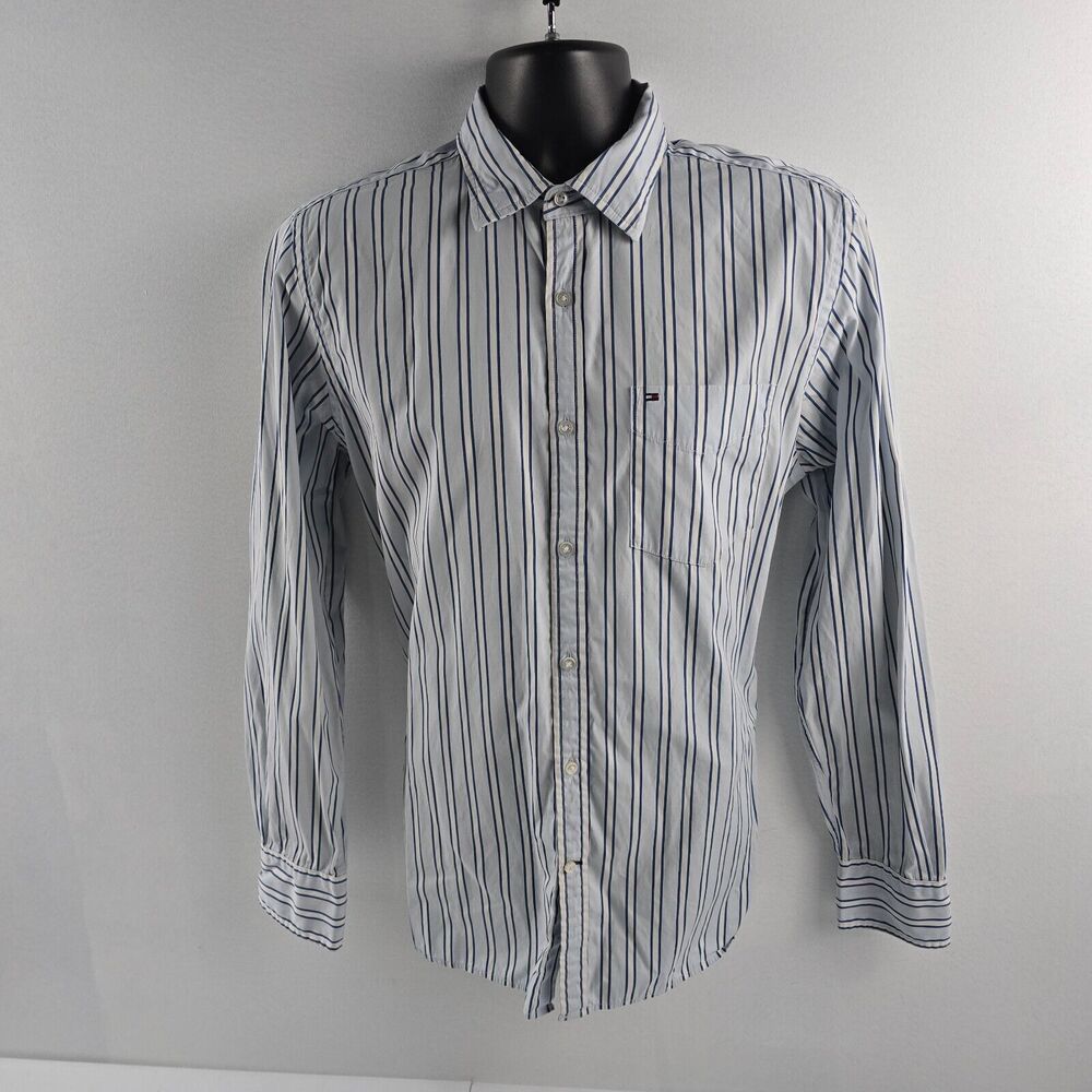 Tommy Hilfiger Custom Fit Striped Button-Up Shirt Blue White M 15.5-16 4448
